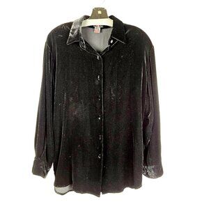 Vintage MWC Black Velvet Button-Up Blouse Rayon Silk M Goth Classic